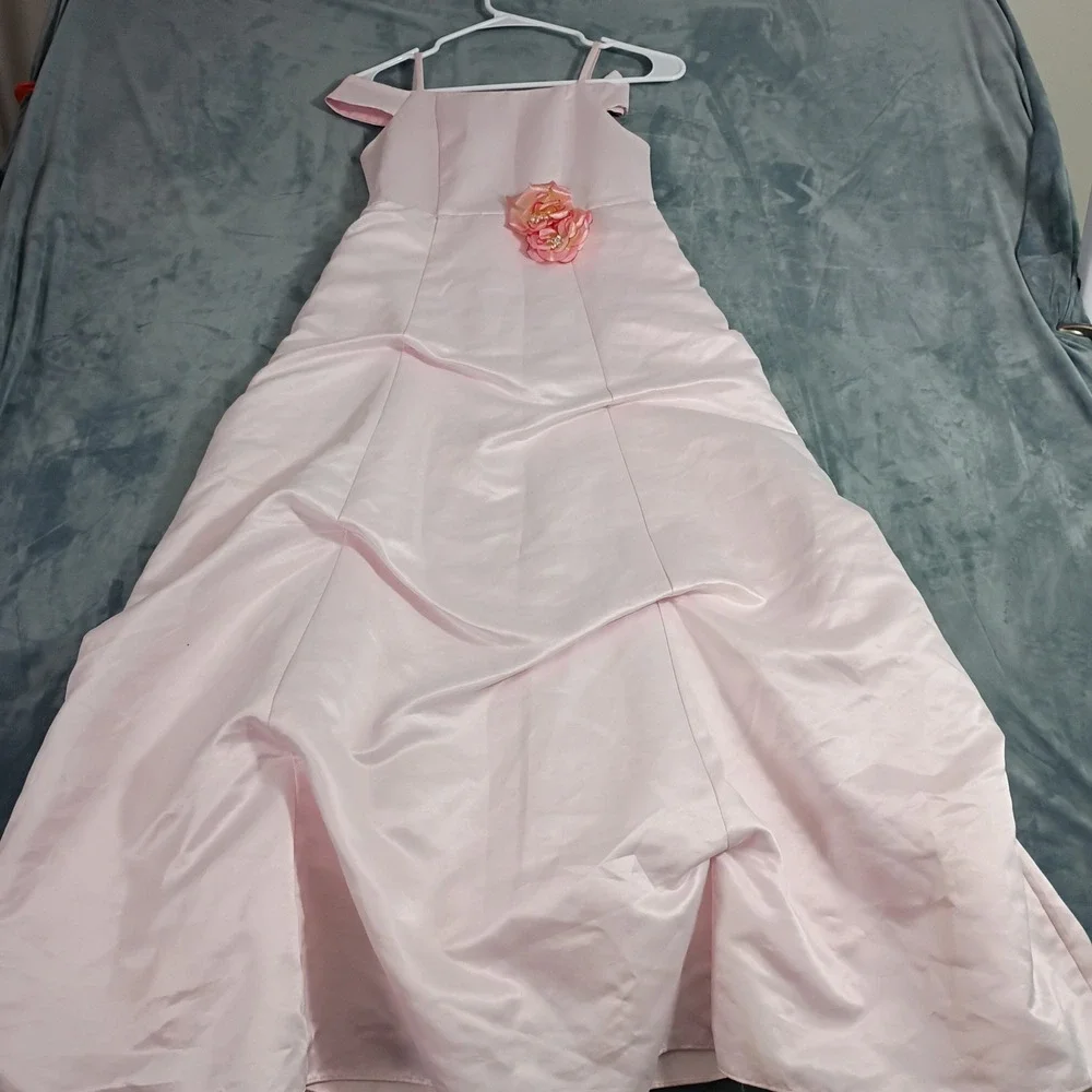 Girls Pink Satin Cold Shoulder Flower Girl Pageant Dress Rosette Pick-Up Gown